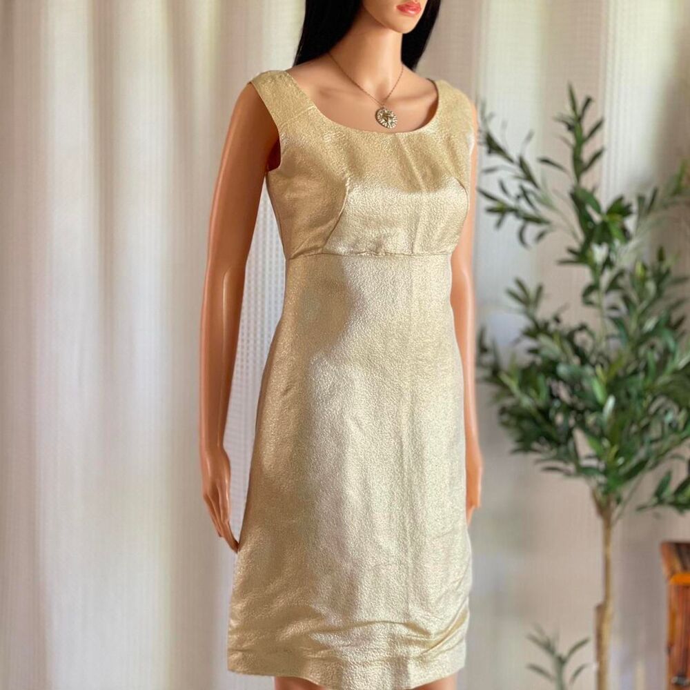 Vintage 60s Gold Lurex Sheath Dress Metallic Brocade‎ Cocktail Dress Size 11